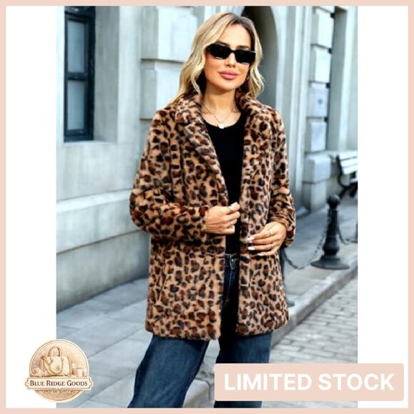 Faux Fur Leopard Coat Long Winter Jacket Notch Lapel Chic Classic - Picture 5 of 8